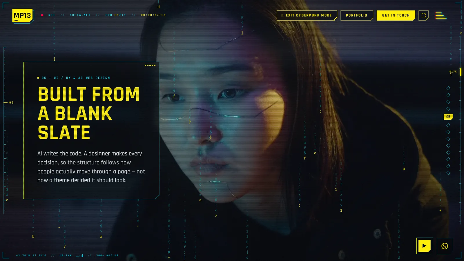 The same scene in both looks: dark glass on the left, Cyberpunk mode on the right.