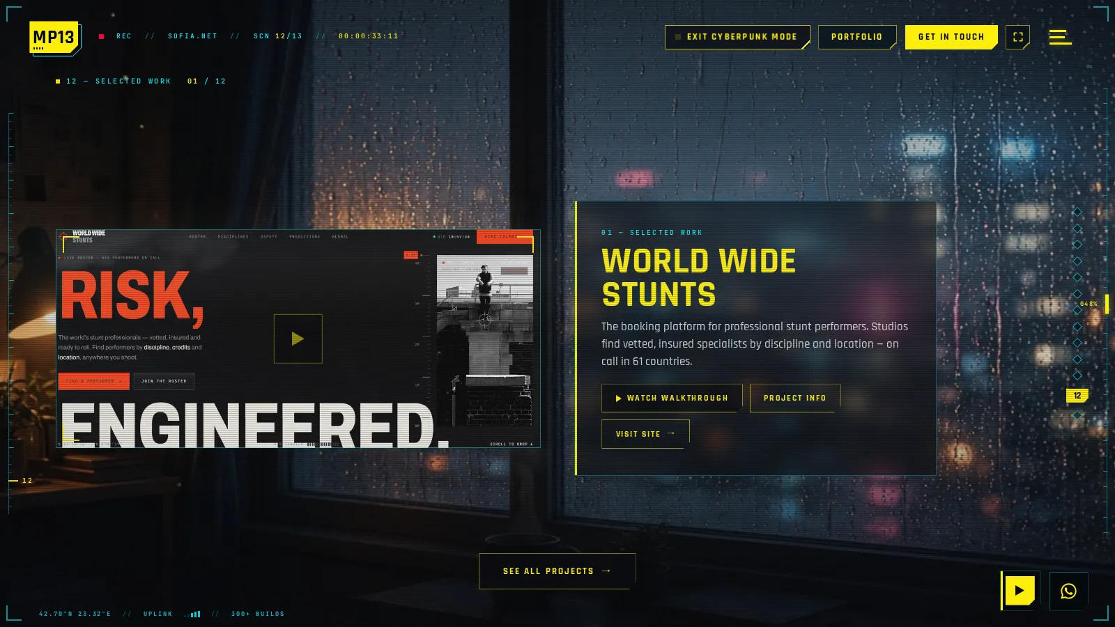 Featured work in Cyberpunk mode: no turning ring, just hard glitch cuts between projects.