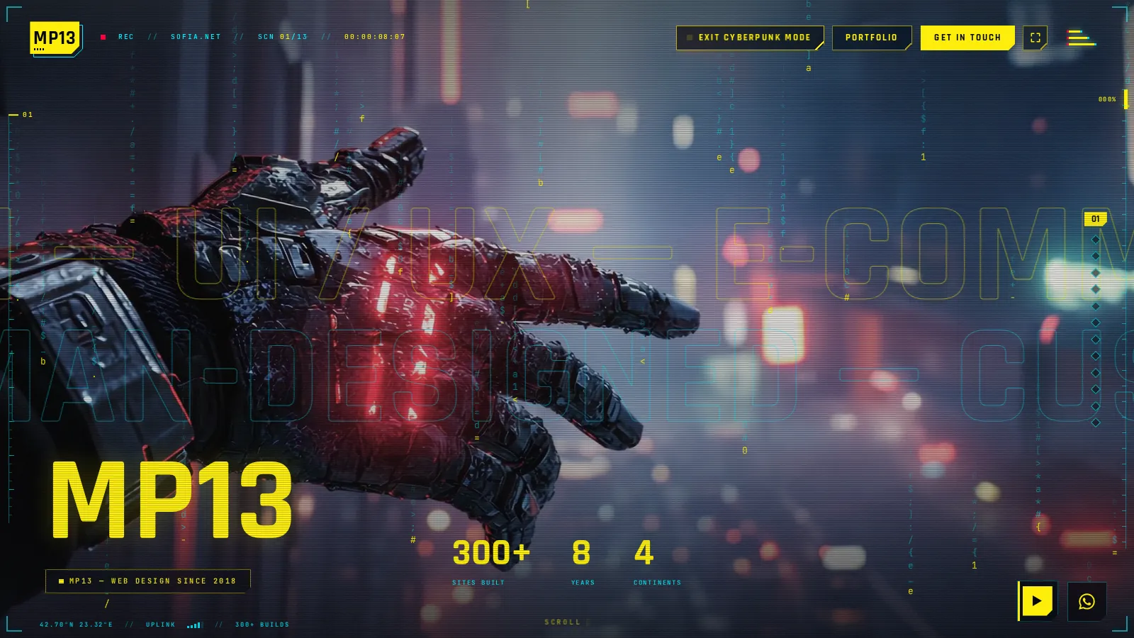 The MP13 homepage in Cyberpunk mode, built in two days of conversation.
