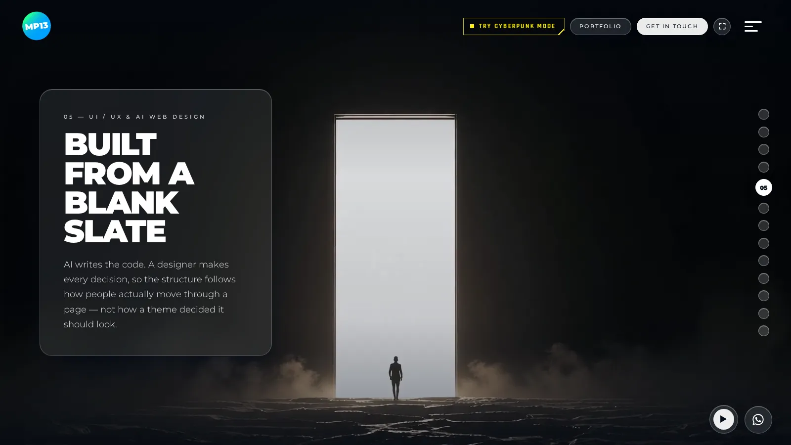A homepage scene: frosted glass over a moving film, and nothing else competing for attention.