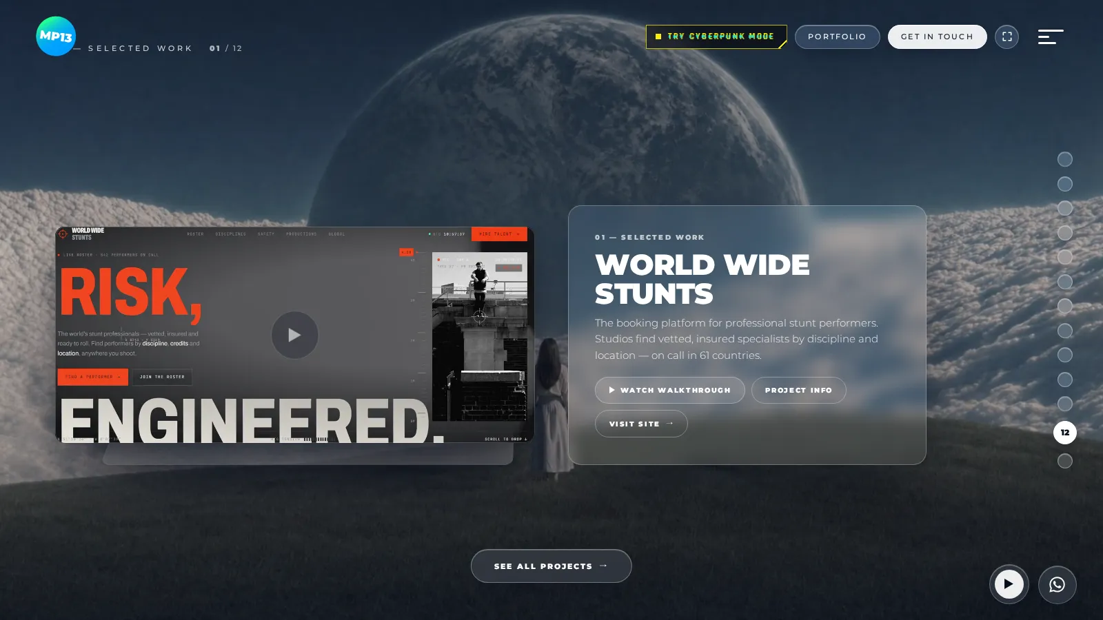 Featured work on the homepage: glass cards on a turning ring, each with a live loop of the site.