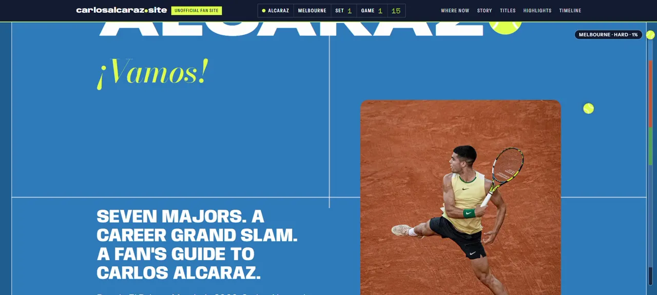 Carlos Alcaraz fan site hero — 'Seven majors. A career Grand Slam.' on hard-court blue beside a leaping photo