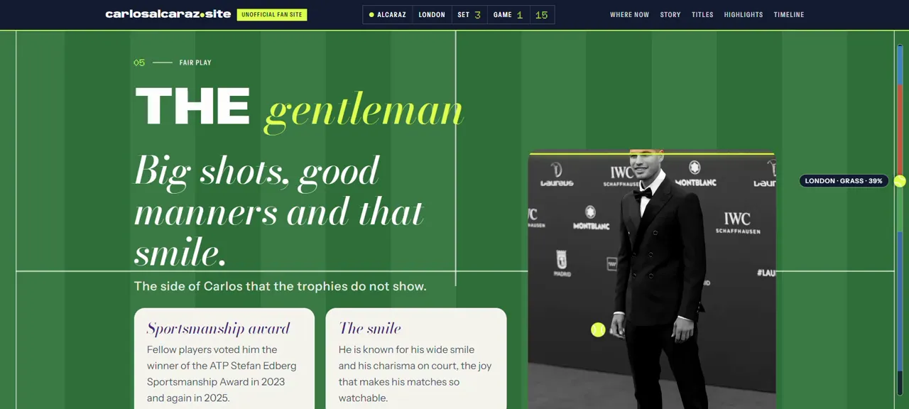 Carlos Alcaraz fan site on grass — 'The gentleman', with his sportsmanship and Laureus honours