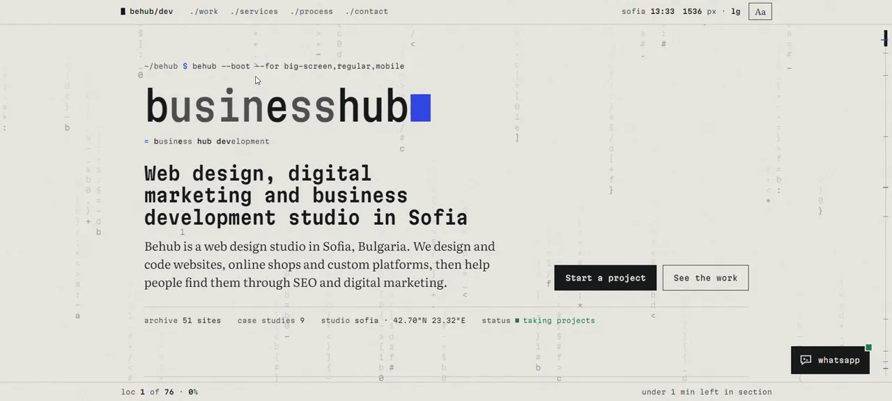 Behub homepage — the 'business hub' wordmark mid-morph into behub/dev, with a blue terminal cursor