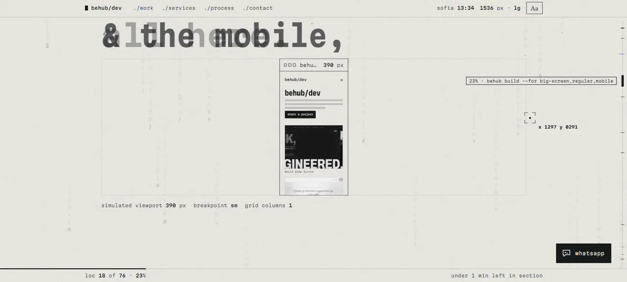 Behub responsive demo — the same layout collapsing into a 390 px phone viewport