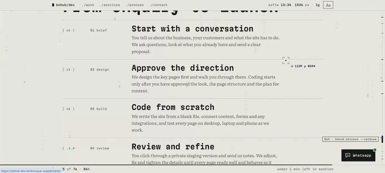 Behub process — the steps from brief to launch logged as [ ok ] like a terminal