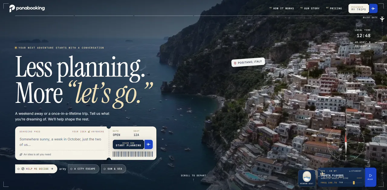 PanaBooking homepage hero — 'Less planning. More let's go.' over Positano, with a boarding-pass trip prompt