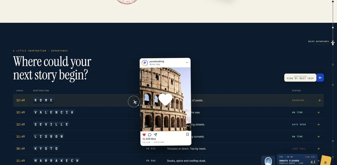PanaBooking departures board — Rome, Valencia, Seville and more with live local times