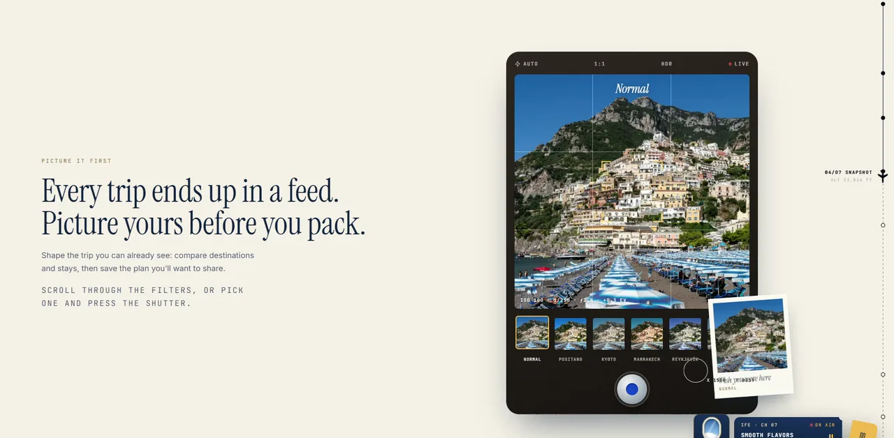 PanaBooking 'Picture it first' — a camera viewfinder previewing destinations through filters