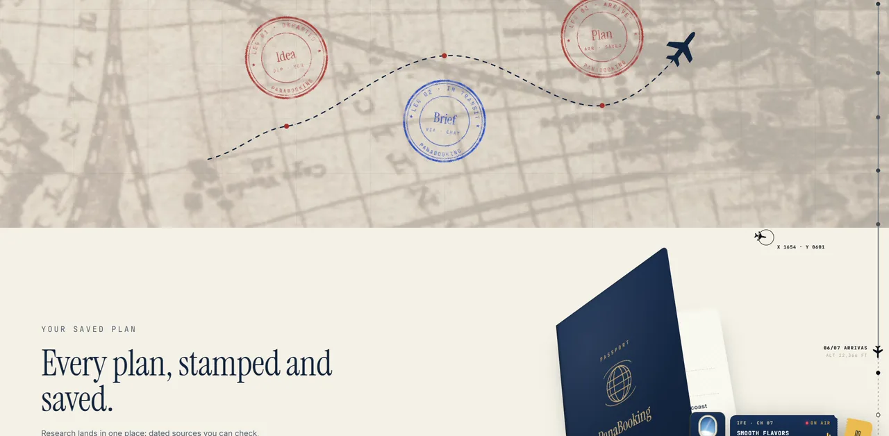 PanaBooking saved plan — trip legs stamped on a map and a passport-style plan