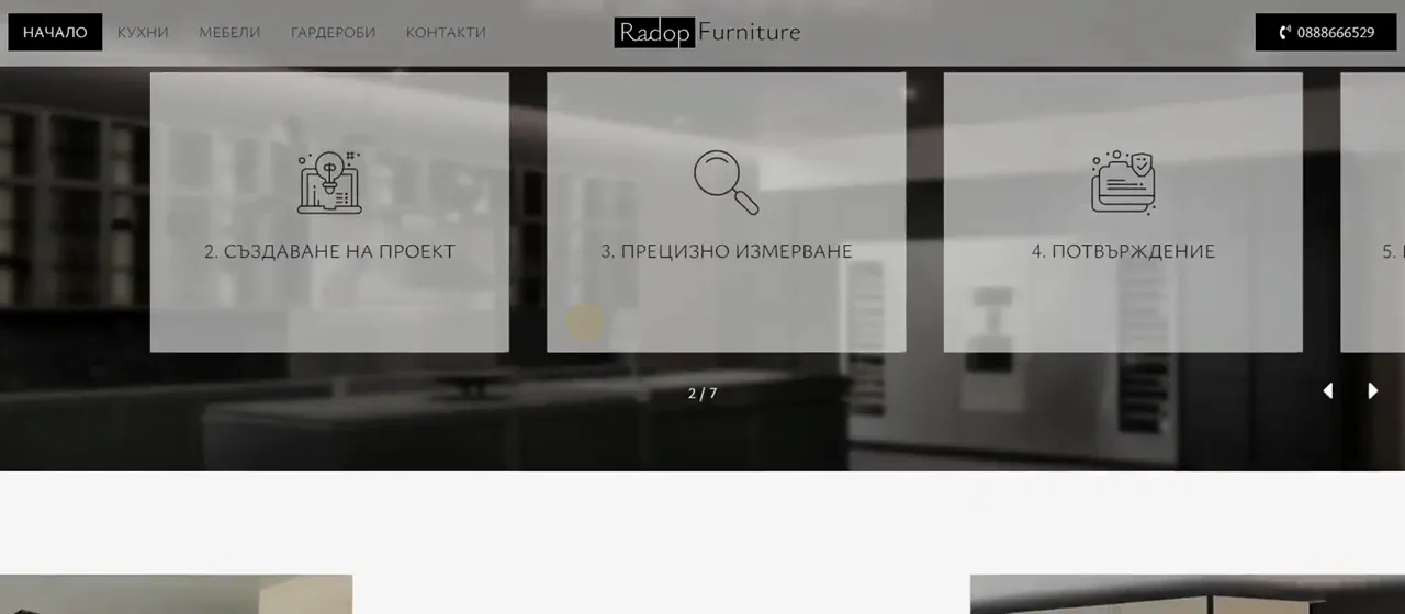 Radop Furniture 'How to order?' — the ordering steps as glass cards: project, measuring, confirmation