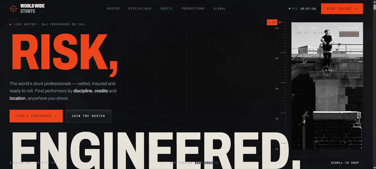 World Wide Stunts homepage — 'Risk, engineered.' hero with the live roster count and a stuntman on a rooftop