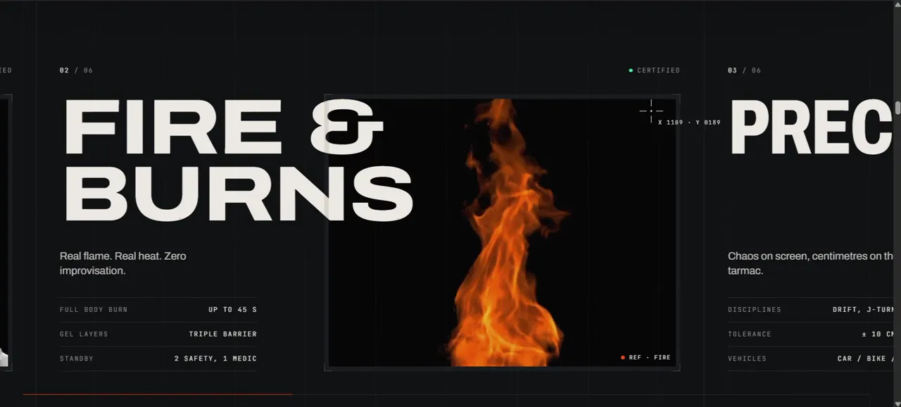 World Wide Stunts disciplines — the Fire & Burns spec sheet beside live flame footage
